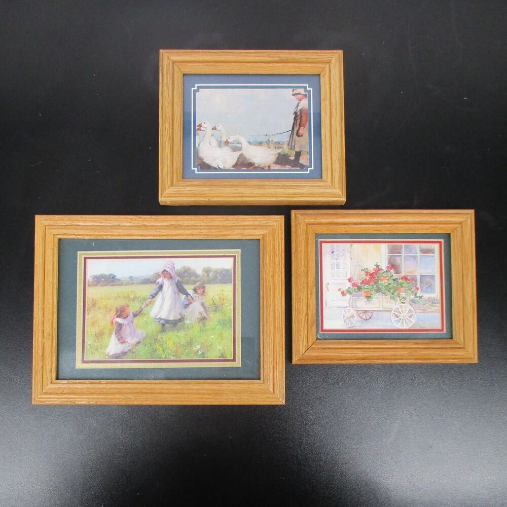 3 Vintage 80s Framed Print Art Lot Wall Hangings Little Bonnet Girls Geese Blue